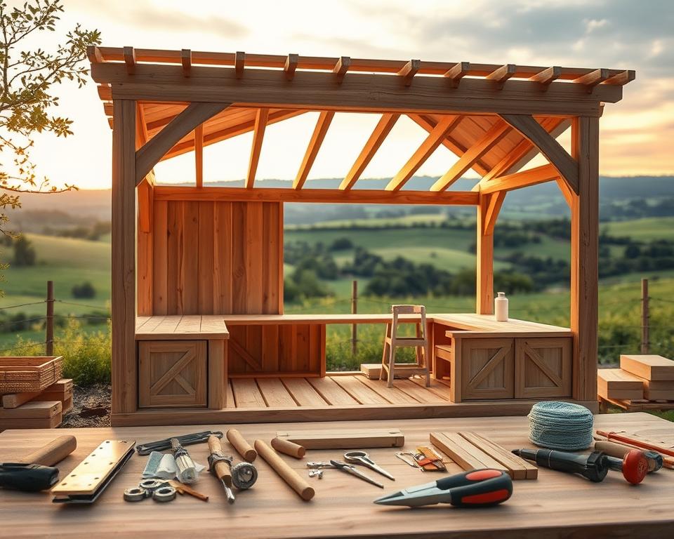 Montage eines Holz Marktstandes Bausatz