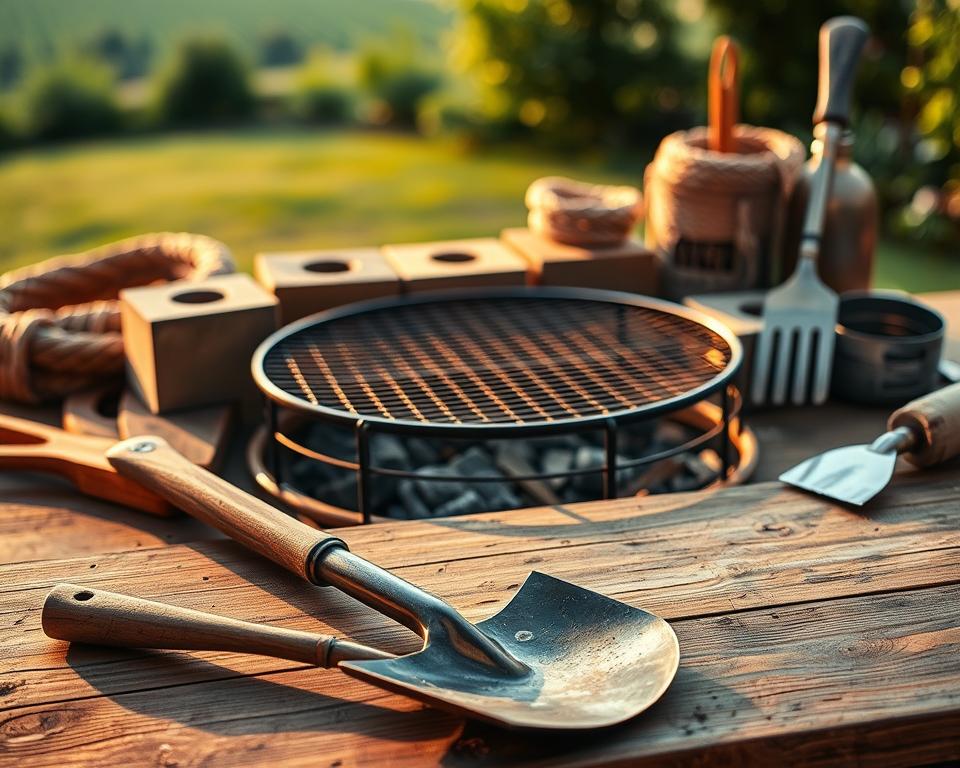 Werkzeuge für den Bau einer Feuerstelle