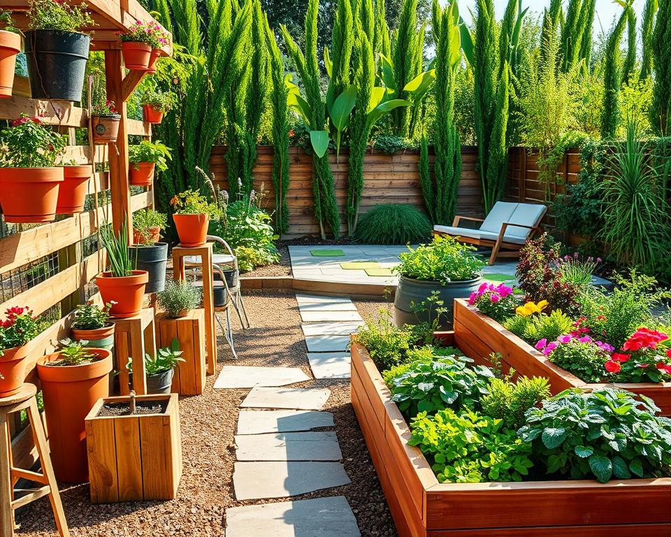 A beautifully arranged small garden showcasing modular gardening solutions. In the foreground, vibrant, tiered raised beds filled with colorful vegetables and herbs. To the left, stylish flower pots in various sizes, some placed on rustic wooden stands, while others hang from a charming trellis. The middle section features a flexible design layout with paths made of natural stone, leading to a cozy seating area with modern outdoor furniture. In the background, tall greenery adds a lush feel, with soft sunlight filtering through the leaves, creating dappled shadows on the ground. The atmosphere is serene and inviting, perfect for enjoying the beauty of nature. Use a warm color palette with bright accents, shot from a slightly elevated angle to capture the entire scene beautifully.