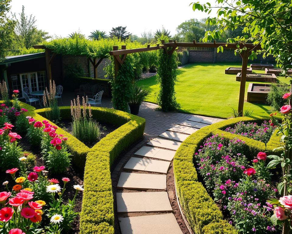 A beautifully designed garden divided into distinct zones, each showcasing different textures and plant types. In the foreground, vibrant flower beds with colorful blooms and neatly trimmed hedges. The middle ground features a decorative stone path leading to a serene sitting area with elegant garden furniture under a trellis covered in climbing vines. In the background, a lush lawn transitions into a small vegetable patch with raised beds, demonstrating the concept of garden zoning. Soft morning light creates gentle shadows, enhancing the lush greenery and colorful flowers, while a slightly elevated angle provides a panoramic view of the garden's layout. The overall mood is tranquil and inviting, perfect for enjoying nature and relaxation.