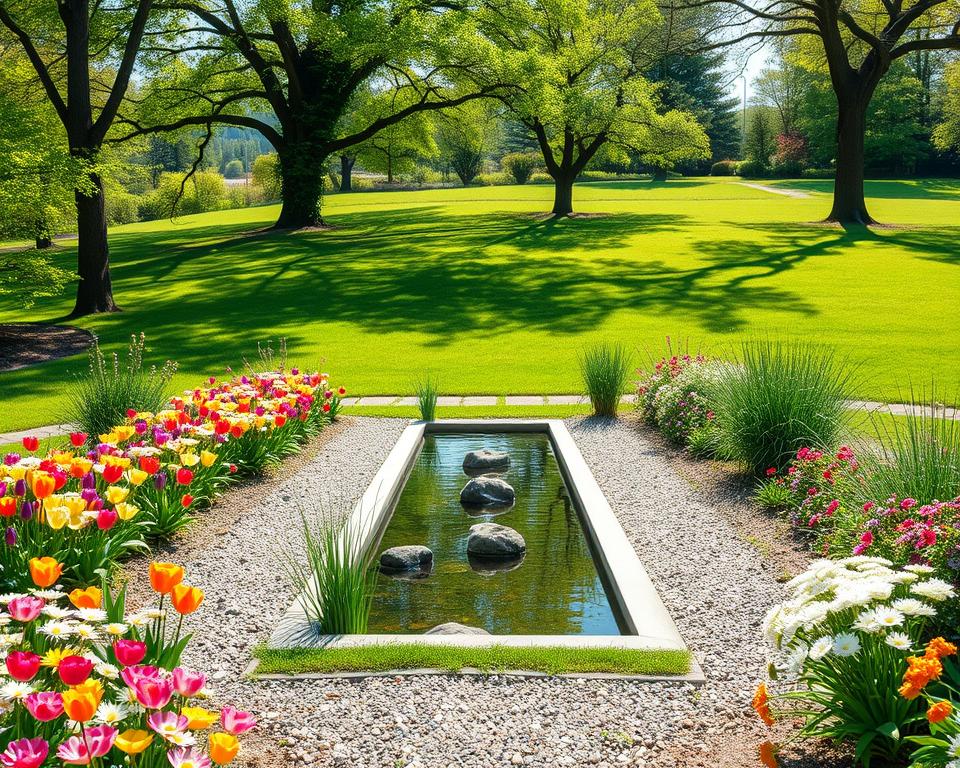 A beautifully designed small garden, showcasing principles of visual distance. In the foreground, vibrant, neatly arranged flower beds display a mix of colorful blossoms, such as tulips and daisies, bordered by fine gravel paths. In the middle ground, a serene, narrow water feature reflecting the greenery, creating depth, accompanied by strategically placed small rocks and ornamental grasses. The background features a lush, green lawn that gently slopes, leading to a variety of trees that lend a sense of vertical depth. Soft, natural sunlight filters through the leaves, casting delicate shadows. The scene conveys tranquility and spaciousness, ideal for inspiring creativity in garden layout. Use a wide-angle lens to emphasize the expansive feel, focusing on bright, inviting colors that evoke a fresh atmosphere.