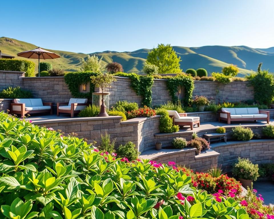 A beautifully designed terraced garden featuring a stützmauer (retaining wall) integrated with elegant seating areas. In the foreground, lush green plants in various shades, complemented by colorful flowers, create a vibrant display. The middle section showcases a sturdy, natural stone stützmauer, seamlessly blending with the landscape and providing structure and beauty. This wall is adorned with climbing plants and subtle lighting that casts a warm glow. The background displays gentle hills under a clear blue sky, with soft sunlight illuminating the scene. The atmosphere is tranquil and inviting, ideal for relaxation. The image captures the essence of functional design harmonizing with nature, showcasing a serene outdoor space perfect for leisure. A beautifully designed terraced garden featuring a stützmauer (retaining wall) integrated with elegant seating areas. In the foreground, lush green plants in various shades, complemented by colorful flowers, create a vibrant display. The middle section showcases a sturdy, natural stone stützmauer, seamlessly blending with the landscape and providing structure and beauty. This wall is adorned with climbing plants and subtle lighting that casts a warm glow. The background displays gentle hills under a clear blue sky, with soft sunlight illuminating the scene. The atmosphere is tranquil and inviting, ideal for relaxation. The image captures the essence of functional design harmonizing with nature, showcasing a serene outdoor space perfect for leisure.