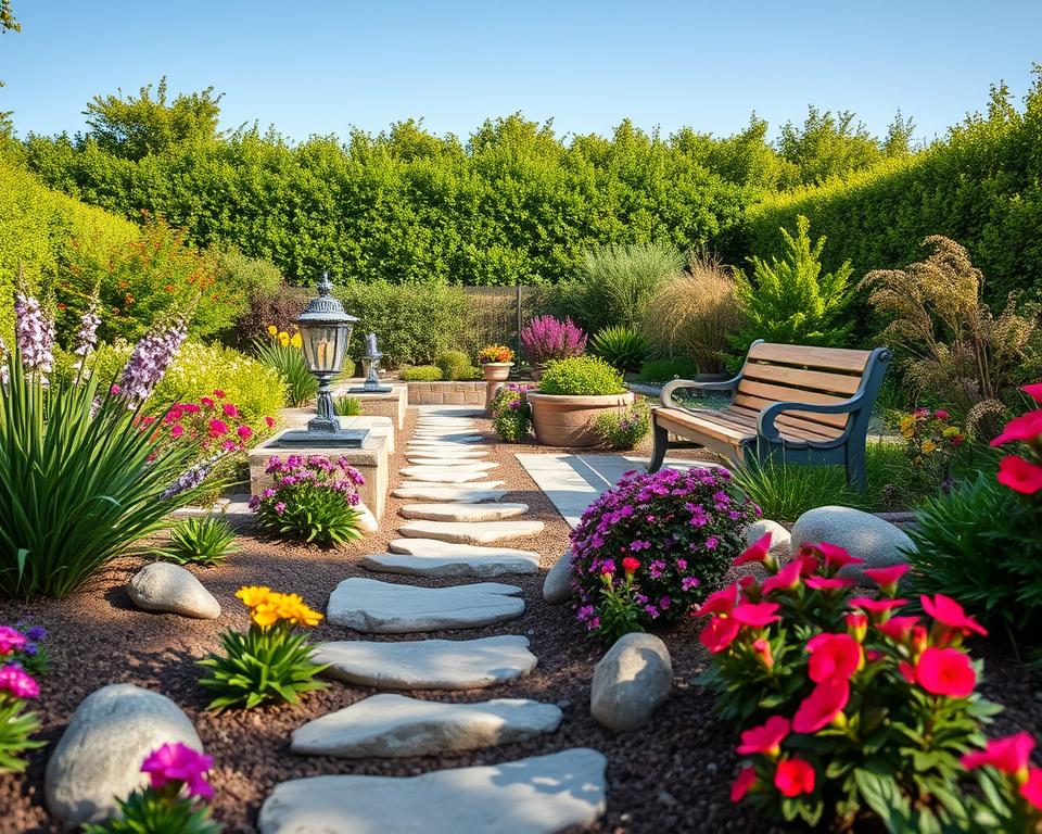 A beautifully landscaped garden showcasing a cost-efficient transformation. In the foreground, neatly arranged plants and flowers in vibrant colors, featuring low-maintenance perennials and decorative stones. The middle ground displays a well-designed pathway made of eco-friendly materials, leading through the garden with benches and subtle water features for relaxation. In the background, lush greenery borders the garden, framed by a clear blue sky. Soft, natural lighting enhances the warm atmosphere, creating a serene and inviting scene. The angle captures the garden from a slight elevation, offering a panoramic view of the entire layout. This image visually represents cost-effective gardening ideas, showcasing a realistic project life cycle and tranquil outdoor spaces ideal for both novice and seasoned gardeners.