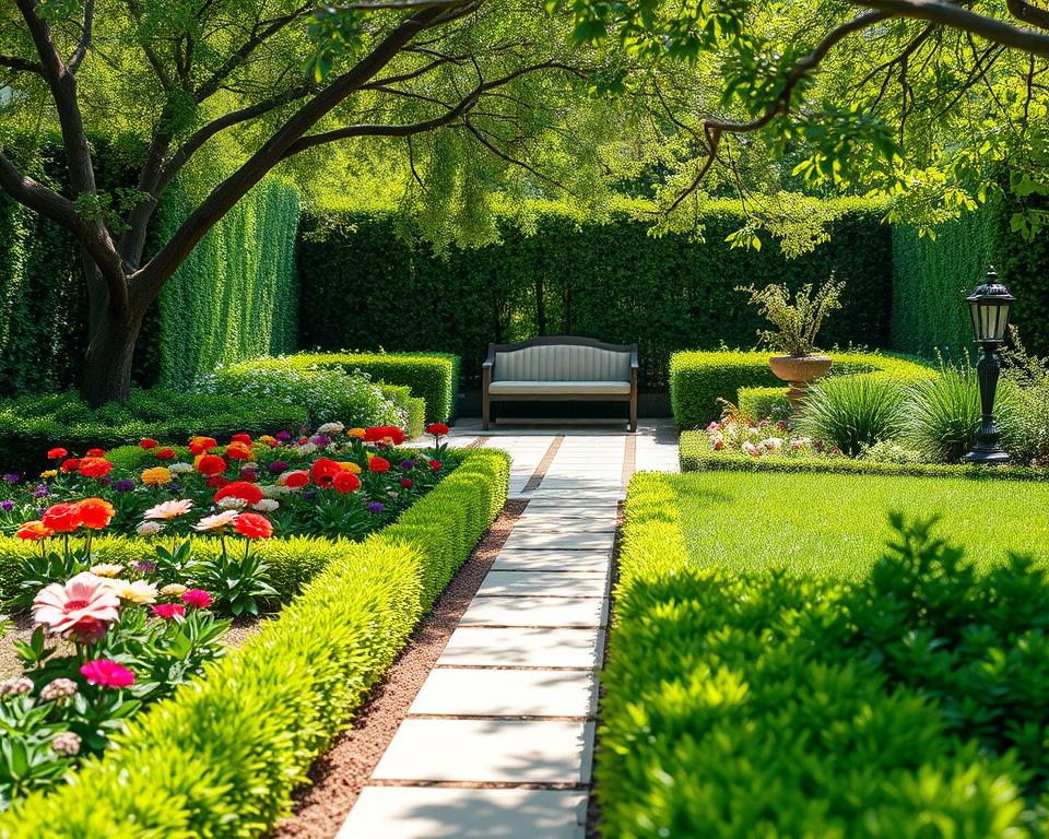 A beautifully landscaped garden showcasing clean, defined edges and borders, emphasizing easy maintenance features. In the foreground, well-defined flower beds with colorful blooms, framed by neatly trimmed hedges. The middle ground displays decorative stone or wooden borders that enhance the clarity of the space, creating a structured layout. Lush greenery contrasts with paved paths of light-colored stones leading to a tranquil seating area in the background. Soft sunlight filters through overhanging branches, casting gentle shadows, creating a serene and inviting atmosphere. The perspective captures a slightly elevated angle, providing depth and showcasing the organization of the garden. Focus on vibrant colors and crisp lines that highlight the garden's tidy elegance.
