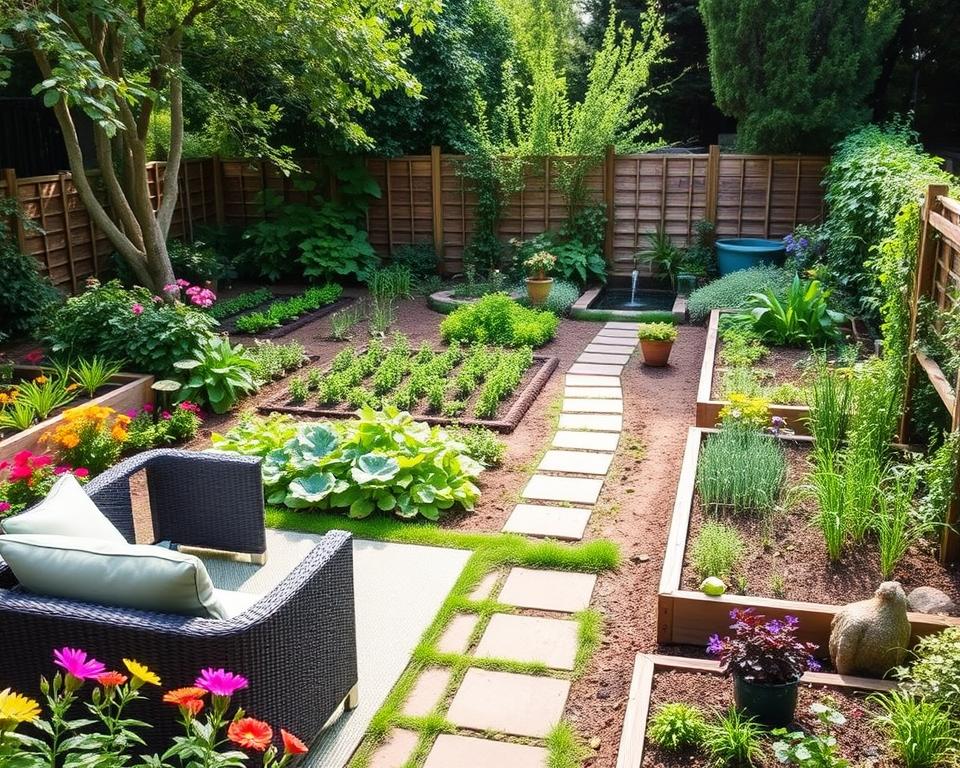 A beautifully organized small garden showcasing effective zonation and design ideas. In the foreground, a cozy seating area with stylish outdoor furniture, surrounded by colorful flowering plants and herbs in well-defined sections. The middle ground features a carefully laid-out vegetable patch with raised beds, bordered by stepping stones. A charming trellis supports climbing plants, adding vertical interest. In the background, a small water feature enhances the tranquility of the space. Soft, natural lighting filters through the trees, casting gentle shadows. The atmosphere is serene and inviting, perfect for relaxation. The image is captured from a slightly elevated angle, providing a comprehensive view of the garden’s layout and diverse zones.