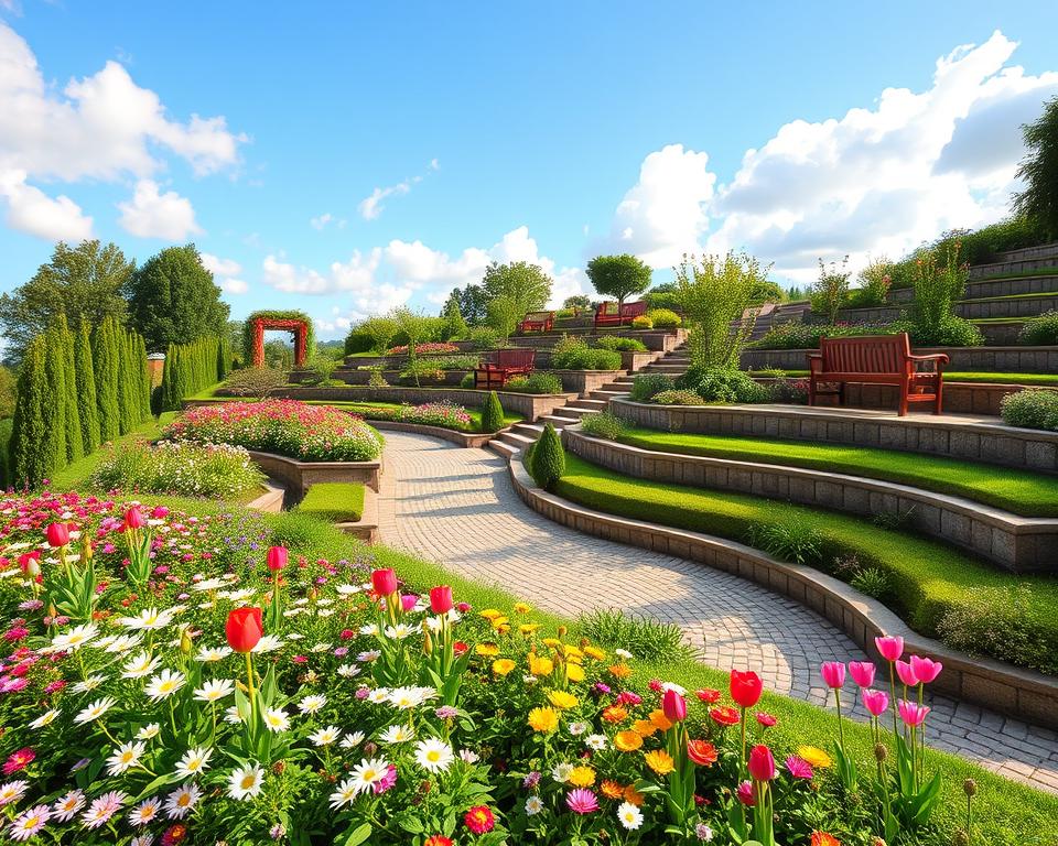 A beautifully terraced garden on a gentle slope, featuring multiple levels of well-defined flower beds, pathways, and seating areas. In the foreground, vibrant flower beds filled with colorful blooms like daisies and tulips. In the middle ground, a winding cobblestone path leads through the terraces, connecting cozy seating areas with elegant wooden benches. Lush greenery surrounds each level, providing a sense of tranquility. In the background, a clear blue sky with soft, fluffy clouds enhances the serene atmosphere. Warm sunlight casts gentle shadows, revealing textures in the plants and stones. Capture this inviting outdoor space from a slightly elevated angle to emphasize the tiered design and the harmonious blend of nature and man-made structures. A beautifully terraced garden on a gentle slope, featuring multiple levels of well-defined flower beds, pathways, and seating areas. In the foreground, vibrant flower beds filled with colorful blooms like daisies and tulips. In the middle ground, a winding cobblestone path leads through the terraces, connecting cozy seating areas with elegant wooden benches. Lush greenery surrounds each level, providing a sense of tranquility. In the background, a clear blue sky with soft, fluffy clouds enhances the serene atmosphere. Warm sunlight casts gentle shadows, revealing textures in the plants and stones. Capture this inviting outdoor space from a slightly elevated angle to emphasize the tiered design and the harmonious blend of nature and man-made structures.