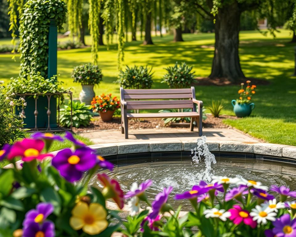 A charming small garden featuring a serene water element, such as a bubbling fountain surrounded by lush greenery and colorful flowers. In the foreground, vibrant pansies and daisies frame the scene, while the bubbling water creates a peaceful ambiance. The middle ground showcases a gently textured wooden bench, ideal for relaxation, set against a backdrop of cascading vines and small ornamental shrubs. In the background, soft sunlight filters through tall trees, casting dappled shadows on the grass, enhancing the tranquil atmosphere. The image should have a bright, inviting color palette with a soft focus on the water element, evoking a sense of calm and harmony in nature. The composition should be well balanced, emphasizing the beauty of the water feature without clutter.