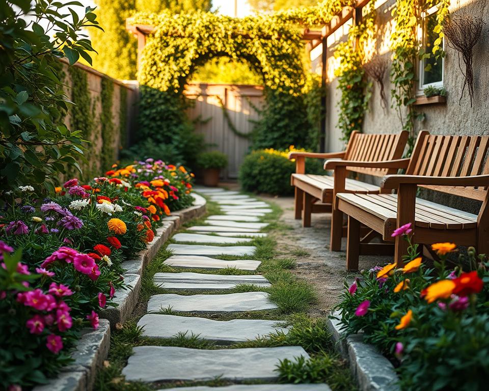 A charming small garden pathway, with a blend of rustic stone and wooden stepping stones leading through lush greenery. In the foreground, vibrant flowers in varied colors align the edges of the path, while a gentle breeze lifts the leaves, creating a sense of movement. The middle ground features cozy benches made of natural wood, placed invitingly along the sides. In the background, a trellis draped with climbing vines casts dappled sunlight on the ground, enhancing the serene atmosphere. The scene is bathed in warm, golden hour light, emphasizing the textures of the materials. The composition is captured from a slightly elevated angle, showcasing the layout and inviting nature of the garden, evoking a tranquil and welcoming mood.