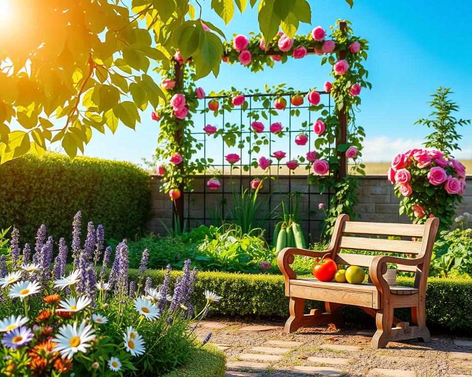 A charming small garden scene designed with creativity and functionality in mind. In the foreground, a cozy seating area featuring a rustic wooden bench surrounded by colorful flowering plants such as daisies and lavender. The middle ground showcases a neatly arranged vegetable patch with vibrant tomatoes, cucumbers, and leafy greens, framed by low hedges. In the background, a quaint trellis adorned with climbing roses provides a backdrop against a clear blue sky. Soft, golden sunlight filters through the leaves, creating a warm and inviting atmosphere. The angle should be slightly elevated to capture the layout of the garden. The overall mood is peaceful and inspiring, ideal for gardening enthusiasts.