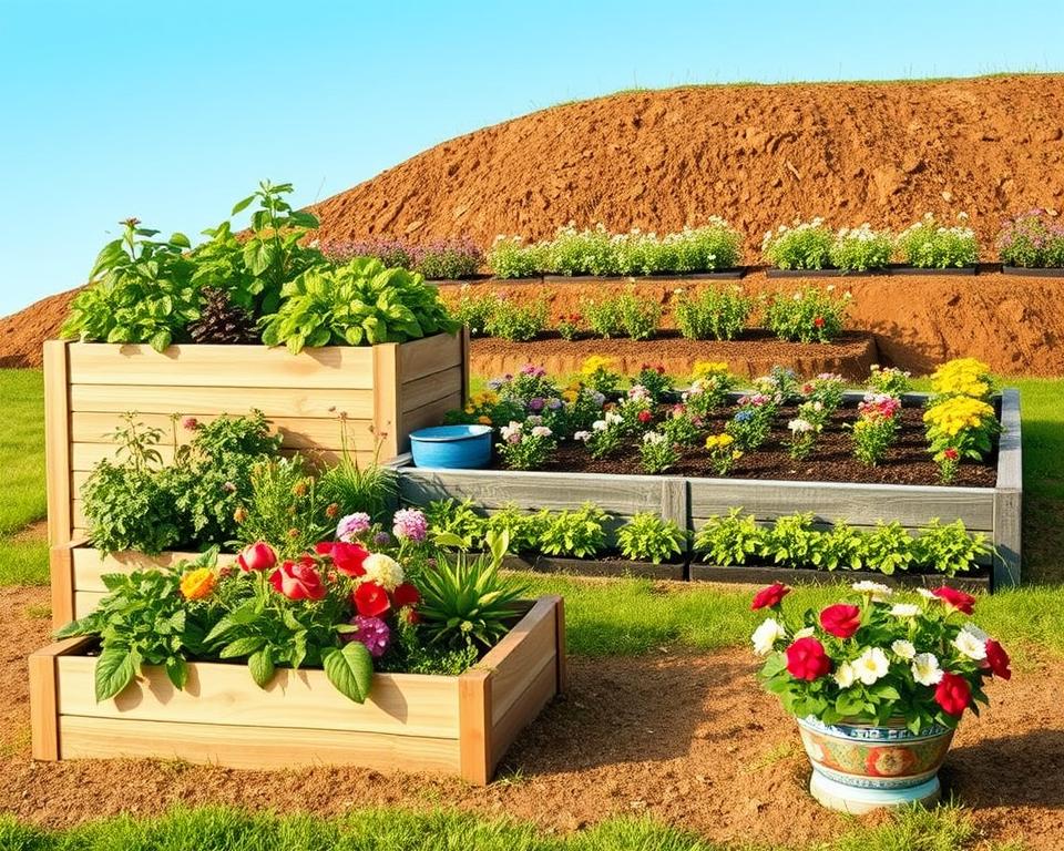 A comparative illustration of various garden bed types: a high raised bed filled with vibrant herbs and vegetables, a flat bed with neatly organized rows of colorful flowers, a hill bed showcasing a lush arrangement of soil and diverse plants, and a decorative container with blooming plants. In the foreground, display the high raised bed, emphasizing its height and structure, with sunlight casting gentle shadows. In the middle ground, include the flat bed with flowers in full bloom, interspersed with green foliage. The hill bed should be in the background with a natural, earthy texture. Soft, warm lighting suggests a serene afternoon, creating a peaceful gardening atmosphere, with a clear blue sky. The viewpoint is from a slight elevation, capturing all beds harmoniously arranged.