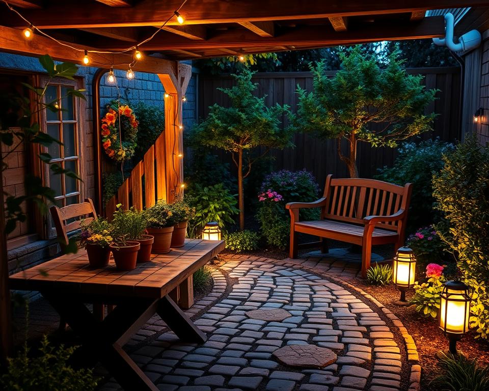 A cozy small garden illuminated by enchanting garden lights, set during the dusk hour. In the foreground, delicate string lights hang from a pergola above a rustic wooden table adorned with potted herbs and seasonal flowers. In the middle, softly glowing solar lanterns line a cobblestone path leading to a charming wooden bench surrounded by lush greenery and colorful blooms. The background features a small, ornamental tree, subtly highlighted by ground lights, casting gentle shadows. The scene captures a serene and inviting atmosphere, with warm, diffused lighting that creates a magical and tranquil mood, ideal for late evening gatherings. Use a slightly elevated angle to emphasize the layout and depth of the garden.