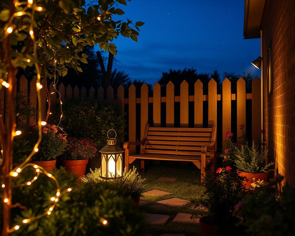 A cozy small garden illuminated by warm, ambient lighting. In the foreground, delicate solar-powered fairy lights are wrapped around small hedges and potted plants, creating a magical atmosphere. The middle ground features a rustic wooden bench softly glowing under a lantern, surrounded by colorful flowers and lush greenery. In the background, a quaint fence silhouette is highlighted by soft garden spotlights, casting gentle shadows. The scene captures twilight, with deep blue skies transitioning to twinkling stars, enhancing the serene ambiance. The overall mood is inviting and tranquil, ideal for evening relaxation. The lighting should showcase the interplay of shadows and soft highlights, providing a comfortable and secure feeling in the small space.