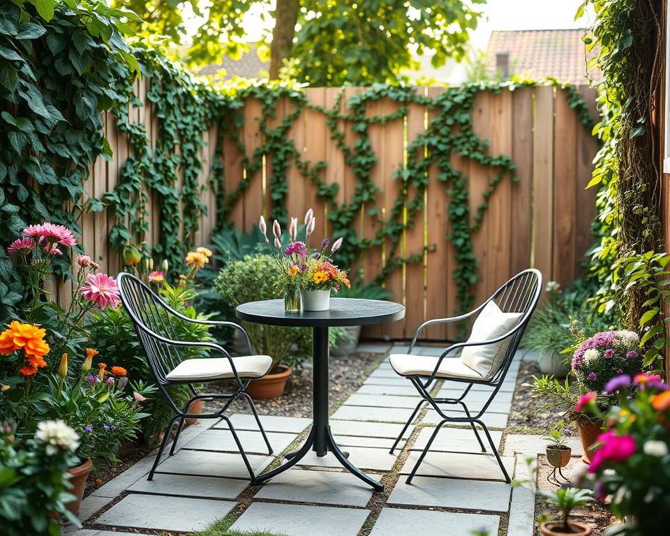 A cozy, small garden seating area featuring a modern bistro table set, surrounded by vibrant flowering plants and lush greenery. In the foreground, the table is adorned with a small vase of colorful wildflowers and two elegant chairs with soft cushions. The middle ground showcases a well-maintained garden path made of stone tiles, leading to a compact area for relaxation. In the background, a charming wooden fence covered in climbing vines adds depth, with dappled sunlight filtering through the leaves, creating a warm and inviting atmosphere. The scene is captured in a soft focus, simulating a mid-morning light to evoke a cheerful and tranquil mood; the angle is slightly elevated to encompass the whole seating area.