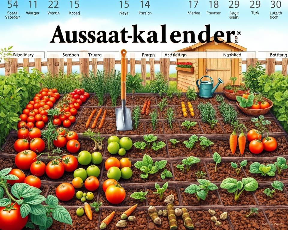 A detailed botanical illustration of a "Aussaatkalender Deutschland" showcasing a colorful planting calendar designed for home gardening. In the foreground, depict vibrant vegetable seedlings like tomatoes, cucumbers, and carrots organized by planting seasons with clearly defined sections for each month. The middle section features a beautifully arranged garden plot with rich soil and various plants at different growth stages, surrounded by tools like a spade and watering can. The background should include a quaint garden shed and a clear blue sky, enhancing the peaceful gardening atmosphere. Utilize soft, natural lighting to create a warm and inviting mood, capturing the essence of a nurturing and productive garden space. Focus on a slight bird's-eye view to emphasize the layout of the planting calendar and garden.