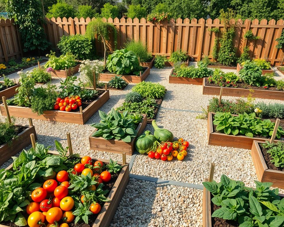 A detailed layout of a vegetable garden, showcasing organized zones with distinct vegetable beds, pathways, and designated areas for herbs and flowers. In the foreground, vibrant raised beds filled with a variety of colorful vegetables like tomatoes, peppers, and leafy greens, arranged in a pattern that maximizes space. The middle ground features well-defined gravel pathways winding through the garden, bordered by lush greenery and flower borders. In the background, a serene wooden fence adds structure, with a few fruit trees peeking over the top. Soft, natural lighting casts gentle shadows, creating a warm and inviting atmosphere. The angle captures an overview of the garden, emphasizing the thoughtful design and planning involved in creating a productive and aesthetically pleasing space.