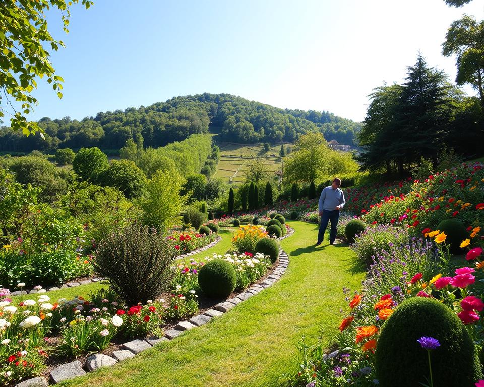 A picturesque Hanggarten in full bloom, featuring a variety of vibrant flowers and lush greenery cascading down a gently sloping hillside. In the foreground, a well-maintained garden path meanders through colorful flower beds, with small, neatly pruned bushes adding structure. In the middle ground, a couple of people in casual, modest clothing are tending to the garden, demonstrating care and maintenance practices. The background showcases the hilltop, blending harmoniously with a clear blue sky and soft, dappled sunlight filtering through the leaves, casting gentle shadows on the ground. The scene embodies tranquility and careful stewardship, evoking a sense of peace and sustainability within this green paradise. A picturesque Hanggarten in full bloom, featuring a variety of vibrant flowers and lush greenery cascading down a gently sloping hillside. In the foreground, a well-maintained garden path meanders through colorful flower beds, with small, neatly pruned bushes adding structure. In the middle ground, a couple of people in casual, modest clothing are tending to the garden, demonstrating care and maintenance practices. The background showcases the hilltop, blending harmoniously with a clear blue sky and soft, dappled sunlight filtering through the leaves, casting gentle shadows on the ground. The scene embodies tranquility and careful stewardship, evoking a sense of peace and sustainability within this green paradise.