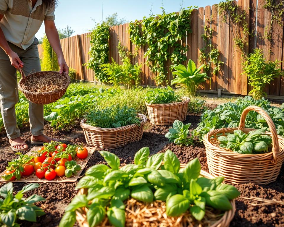 A picturesque community vegetable garden, showcasing diverse rows of lush green crops like tomatoes, peppers, and leafy greens. In the foreground, a gardener in modest casual clothing gently spreads mulch made of straw and leaves around healthy plants, promoting careful maintenance and nourishing the soil. The middle ground features wicker baskets filled with freshly harvested vegetables, surrounded by rich soil beds, illustrating active gardening efforts. The background includes a wooden fence with climbing plants and a bright blue sky, creating a sense of warmth and productivity. Soft, golden sunlight filters through, casting gentle shadows and enhancing the tranquil, inviting atmosphere of a bountiful and well-cared-for vegetable garden, symbolizing long-term growth and sustainability.