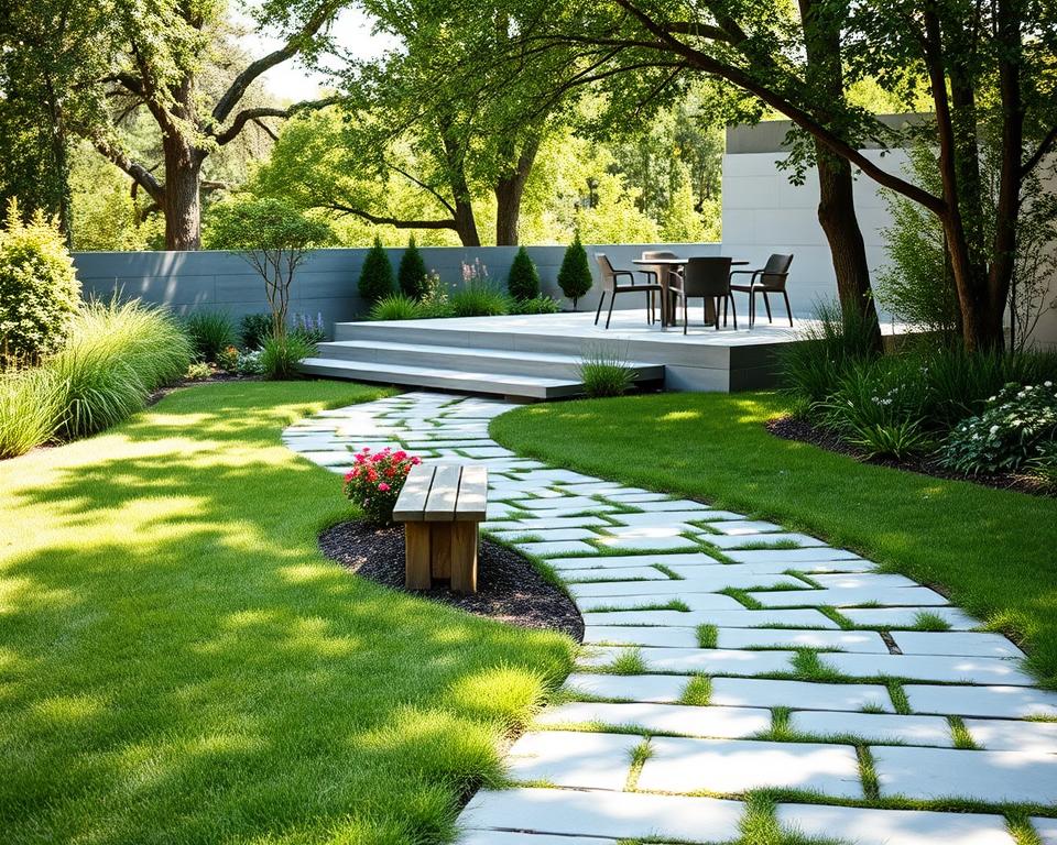 A picturesque garden pathway designed for easy maintenance, featuring smooth, interlocking stone pavers bordered by lush green grass and low-maintenance ornamental plants. In the foreground, a small, inviting seating area with rustic wooden benches sits beside the path, adorned with colorful and hardy flowerbeds. The middle ground showcases a serene terrace with minimalist design elements, such as a sleek table and chairs for outdoor relaxation. In the background, soft sunlight filters through gentle trees, casting dappled shadows across the scene. The atmosphere feels tranquil and welcoming, perfect for enjoying nature with little fuss. The composition is shot from a slightly elevated angle, emphasizing the flow of the pathway and the harmonious blend of natural and structured elements.