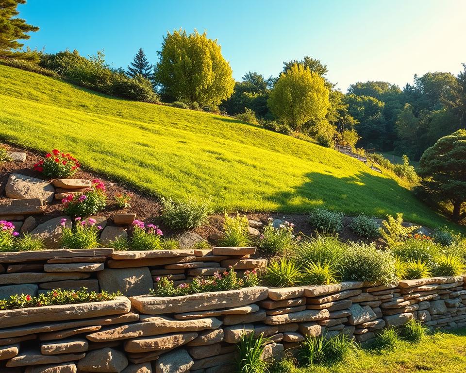 A picturesque hillside garden showcasing effective slope protection techniques, highlighting erosion control measures. In the foreground, a layered retaining wall made of natural stone and wooden beams, adorned with vibrant flowering plants to enhance aesthetics. The middle ground features a gently sloping bank, secured with grass and ground cover plants, demonstrating a natural approach to stabilization. In the background, lush greenery under a clear blue sky, illuminated by warm golden sunlight, casting soft shadows. The scene conveys a sense of tranquility and harmony, reflecting a well-designed hang garden that blends safety and beauty together seamlessly. A picturesque hillside garden showcasing effective slope protection techniques, highlighting erosion control measures. In the foreground, a layered retaining wall made of natural stone and wooden beams, adorned with vibrant flowering plants to enhance aesthetics. The middle ground features a gently sloping bank, secured with grass and ground cover plants, demonstrating a natural approach to stabilization. In the background, lush greenery under a clear blue sky, illuminated by warm golden sunlight, casting soft shadows. The scene conveys a sense of tranquility and harmony, reflecting a well-designed hang garden that blends safety and beauty together seamlessly.