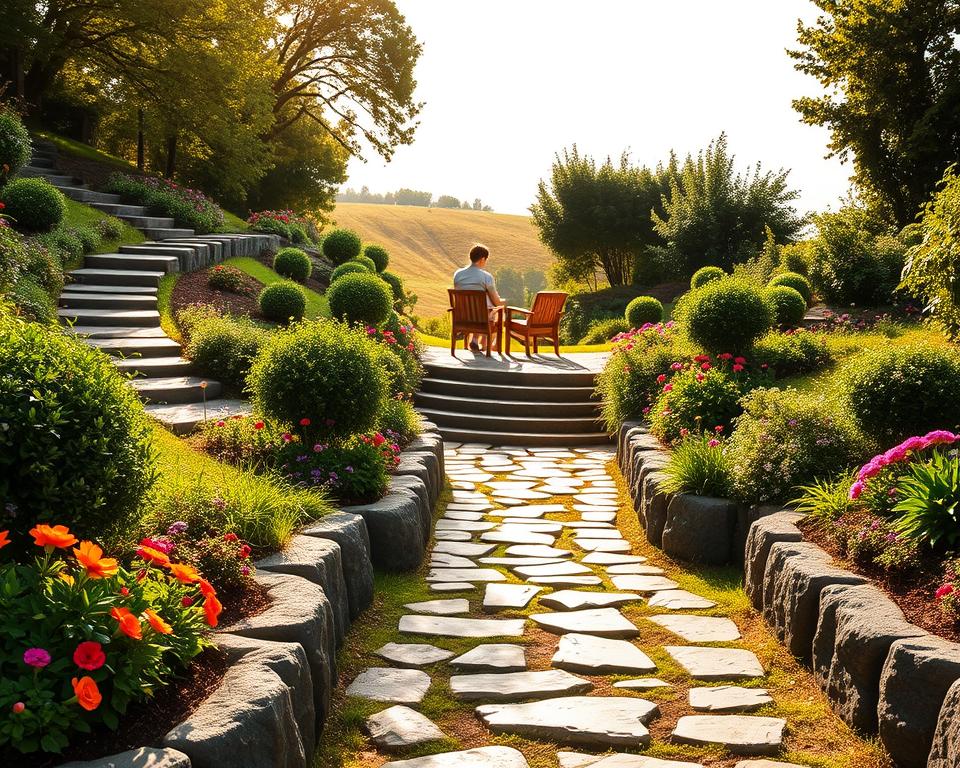 A picturesque hillside garden with winding stone pathways, showcasing carefully maintained flower beds on either side. In the foreground, the pathways are framed by vibrant greenery and colorful flowers, inviting viewers to explore deeper. The middle ground features a charming set of wooden steps leading up to a cozy seating area surrounded by lush foliage, emphasizing comfort and accessibility in the garden design. In the background, a gentle slope fades into a soft, blurred horizon under a bright, sunlit sky, casting warm, natural lighting that highlights the textures of the stones and vibrant blooms. The atmosphere is serene and inviting, evoking a sense of tranquility and harmony with nature. A picturesque hillside garden with winding stone pathways, showcasing carefully maintained flower beds on either side. In the foreground, the pathways are framed by vibrant greenery and colorful flowers, inviting viewers to explore deeper. The middle ground features a charming set of wooden steps leading up to a cozy seating area surrounded by lush foliage, emphasizing comfort and accessibility in the garden design. In the background, a gentle slope fades into a soft, blurred horizon under a bright, sunlit sky, casting warm, natural lighting that highlights the textures of the stones and vibrant blooms. The atmosphere is serene and inviting, evoking a sense of tranquility and harmony with nature.