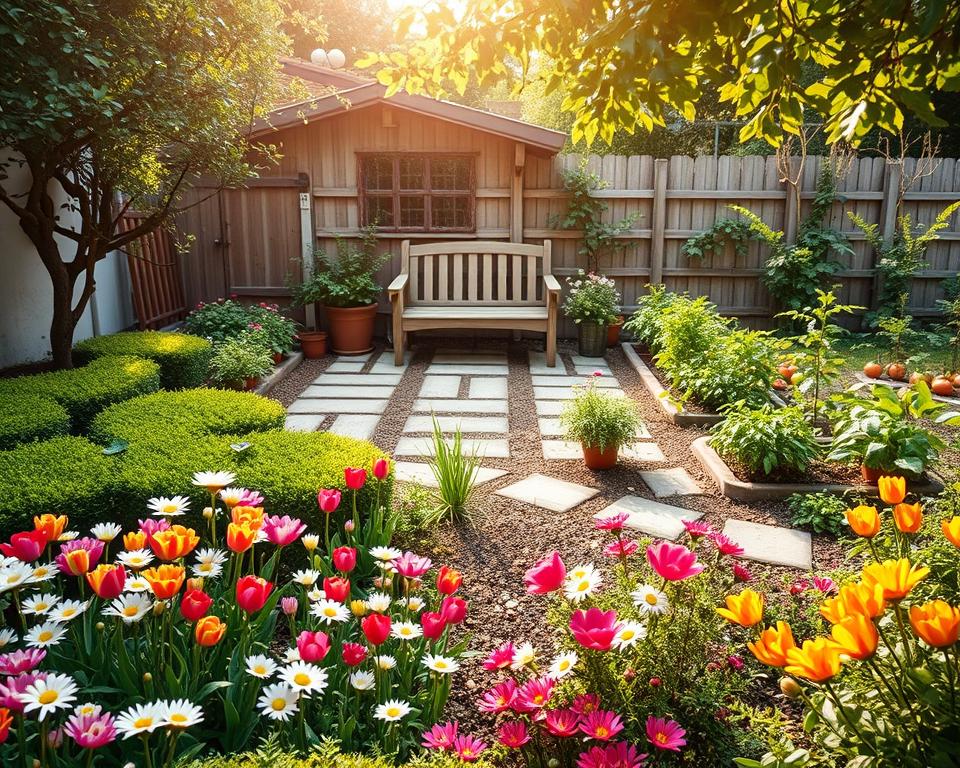 A picturesque small garden layout showcasing distinct zones. In the foreground, a well-tended flower bed bursting with colorful blooms like tulips and daisies, bordered by neatly trimmed bushes. In the middle ground, a cozy seating area with a rustic wooden bench surrounded by potted plants, offering a serene retreat. Transitioning to the background, a small vegetable patch with rows of thriving tomatoes and leafy greens. Soft, warm sunlight filters through the leaves, casting gentle shadows across the garden. The overall mood is tranquil and inviting, ideal for relaxation. The scene is captured from a slightly elevated angle, emphasizing the garden's design while maintaining clarity and detail.
