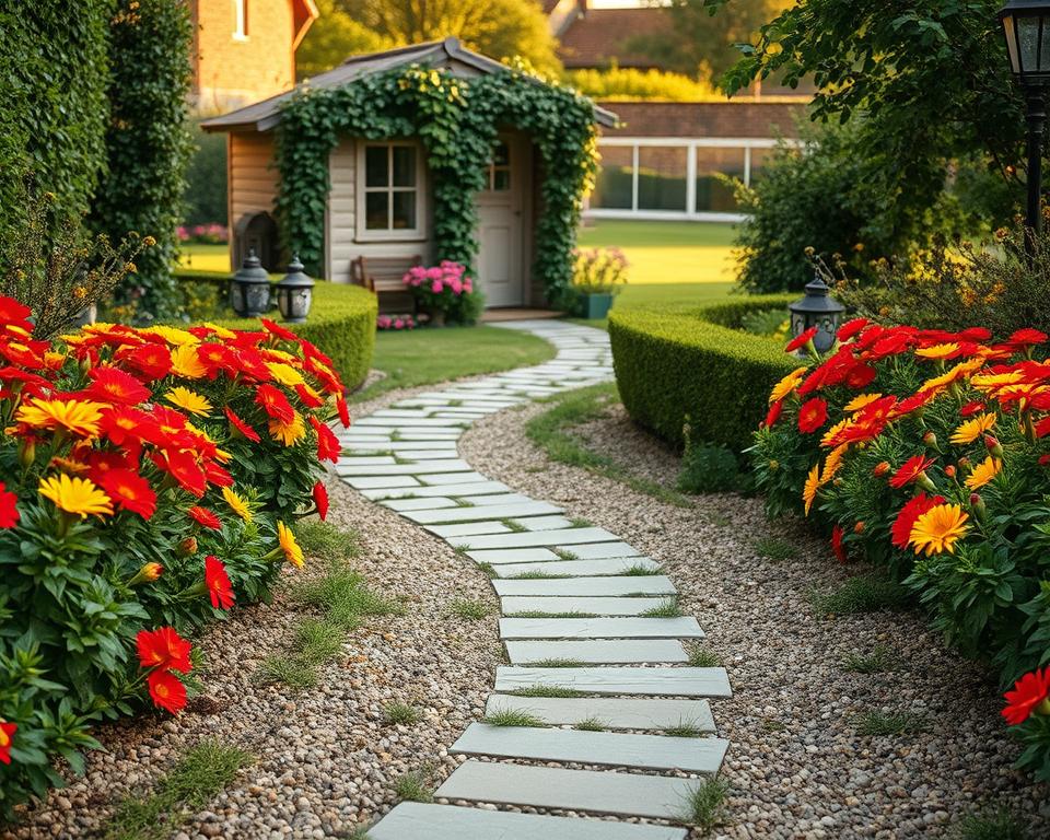 A picturesque small garden pathway featuring a winding stone path surrounded by lush greenery and colorful flowers in full bloom. In the foreground, vibrant red and yellow flowers border the path, and textured gravel leads the way. In the middle, the path splits into two directions, framed by neatly trimmed hedges and small decorative garden ornaments. The background showcases a charming garden shed adorned with climbing vines and a beautifully maintained lawn, bathed in soft, warm afternoon light. The angle captures the pathway from a slight elevation, creating depth and inviting viewers to imagine walking through this serene space. The overall mood is tranquil and inviting, perfect for conveying a sense of harmony in garden design and maintenance.