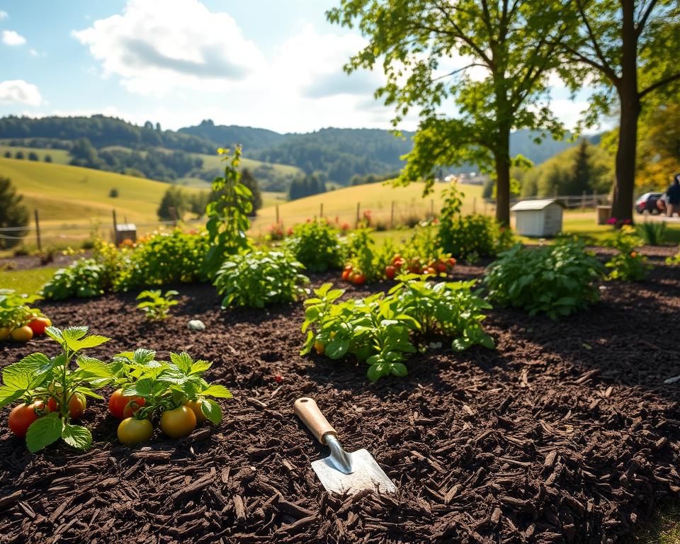 A serene Hanggarten scene showcasing a lush, well-maintained garden bed mulched with organic materials, surrounded by vibrant green plants and colorful flowers. In the foreground, rich, dark mulch lies evenly spread around neatly arranged vegetable plots, with a few small garden tools like a trowel and gloves casually placed beside them. The middle ground features healthy, thriving plants, such as tomatoes and herbs, basking under soft, warm sunlight filtering through leafy trees. In the background, gentle rolling hills are complemented by a bright blue sky with fluffy white clouds, enhancing the tranquil atmosphere. Consider a wide-angle perspective to capture the depth of this peaceful green paradise, with warm, natural lighting creating an inviting ambiance. A serene Hanggarten scene showcasing a lush, well-maintained garden bed mulched with organic materials, surrounded by vibrant green plants and colorful flowers. In the foreground, rich, dark mulch lies evenly spread around neatly arranged vegetable plots, with a few small garden tools like a trowel and gloves casually placed beside them. The middle ground features healthy, thriving plants, such as tomatoes and herbs, basking under soft, warm sunlight filtering through leafy trees. In the background, gentle rolling hills are complemented by a bright blue sky with fluffy white clouds, enhancing the tranquil atmosphere. Consider a wide-angle perspective to capture the depth of this peaceful green paradise, with warm, natural lighting creating an inviting ambiance.