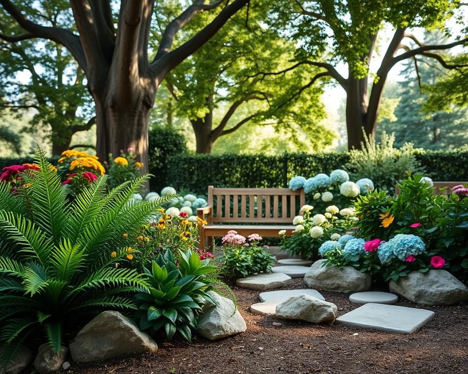 A serene "Mikroklima Garten" scene showcasing diverse plants in various microclimates. In the foreground, lush green ferns and colorful flowering plants are nestled around decorative stones, creating a cozy vibe. The middle ground features a small, carefully arranged seating area with a rustic wooden bench surrounded by hydrangeas and aromatic herbs, inviting relaxation. In the background, towering trees provide dappled sunlight filtering through their leaves, enhancing the tranquil atmosphere. Use soft, natural lighting to evoke a peaceful mood, simulating late afternoon sun. A shallow depth of field emphasizes the foreground, while the background softly blurs. The angle captures a slightly elevated view, allowing for a harmonious composition that illustrates the concept of analyzing and optimizing garden spaces.