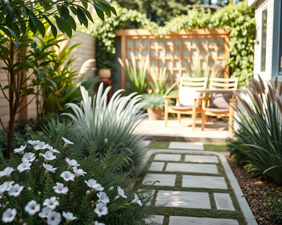 A serene and stylish small garden, featuring a harmonious color scheme of soft greens, muted pastels, and elegant earth tones. In the foreground, a neatly arranged flower bed with delicate blooms in shades of lavender and pale pink, bordered by lush ferns. The middle ground reveals a tastefully designed stone pathway leading to a cozy seating area, furnished with modern, understated garden furniture in natural wood tones. The background showcases gently swaying ornamental grasses, with a soft-focus view of a wooden trellis adorned with climbing vines. Soft, warm sunlight filters through the leaves, casting dappled shadows, creating a tranquil and inviting mood. The image is captured from a slightly elevated angle, providing a comprehensive view of the garden's layout and aesthetic charm.