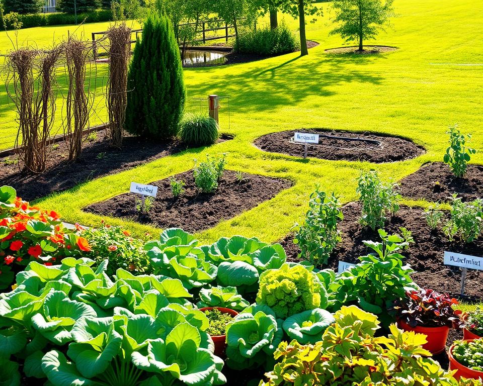 A serene garden scene focusing on a thorough "Standortanalyse" for a vegetable garden. In the foreground, vibrant garden beds filled with various vegetables, with labels for each type. The middle ground features a sunlight-drenched area showcasing light differences, represented by shadows from nearby trees, indicating varying light conditions for plants. To the left, a small windbreak of tall shrubs bending gently, illustrating wind direction and protection. The background displays a lush green lawn, flanked by rich, dark soil patches and a water source like a small pond, emphasizing water accessibility. Soft, natural afternoon light creates a warm atmosphere, giving a clear view of the garden's dynamics, while ensuring a harmonious, peaceful vibe to assist readers in visualizing the concept.