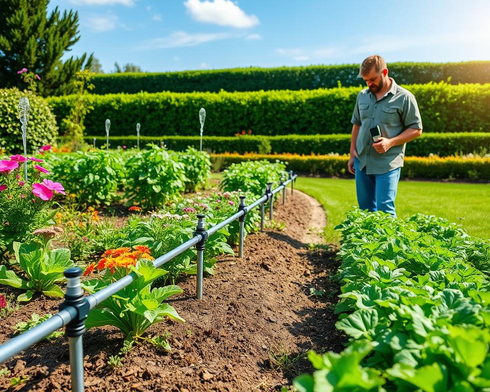 A serene garden scene illustrating optimized irrigation techniques. In the foreground, a modern drip irrigation system runs alongside vibrant flower beds and lush green plants. A gentle stream of water flows from neatly placed emitters, showcasing efficient water usage. In the middle ground, a gardener, dressed in modest casual attire, inspects lush vegetable plants while holding a soil moisture meter, symbolizing smart irrigation practices. The background features a well-maintained lawn bordered by hedges, with a clear blue sky and soft sunlight effectively illuminating the scene. The overall mood is tranquil and productive, emphasizing ease of garden maintenance with an aesthetic appeal.