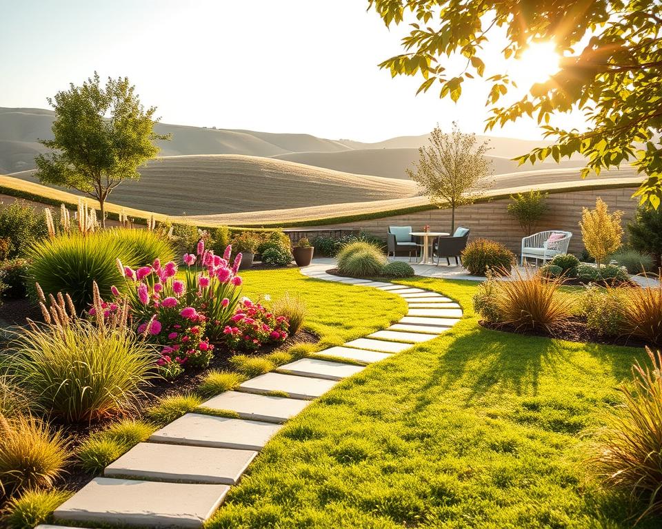 A serene garden scene illustrating the concept of directional sight lines in landscaping. In the foreground, a well-defined pathway made of natural stone leads the viewer's eye towards a beautifully arranged flower bed filled with vibrant perennials and ornamental grasses. The middle ground features a variety of plants including a small, manicured hedge that frames a cozy seating area with modern garden furniture. In the background, gentle rolling hills with a few strategically placed trees provide a sense of depth, and soft sunlight filters through the leaves, casting dappled shadows on the ground. The sky is clear with a soft golden hue, creating a warm and inviting atmosphere, perfect for garden design inspiration. The overall mood is peaceful and harmonious, emphasizing well-planned features that enhance the garden's usability and aesthetic.