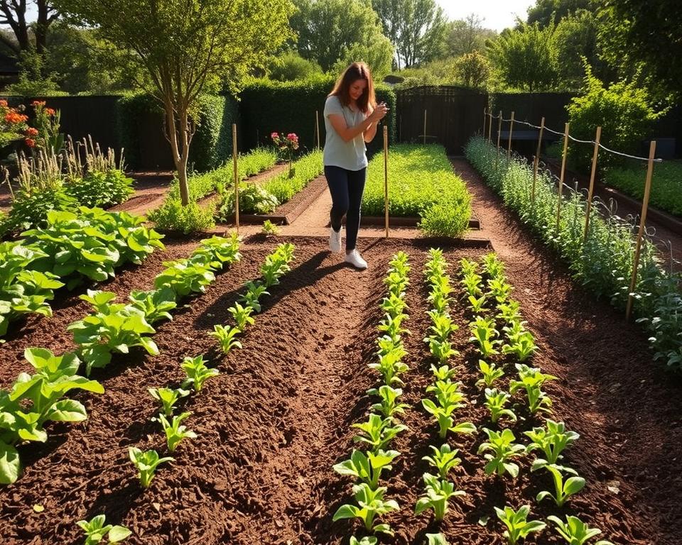 A serene garden scene showcasing an effective weed management system. In the foreground, a well-organized vegetable patch with neatly mulched rows, surrounded by vibrant green plants. Middle ground features a gardener in modest casual clothing, actively pulling weeds while using eco-friendly tools, demonstrating a systematic approach to weed control. The backdrop includes a variety of flowering plants and tree-lined borders, bathed in warm afternoon sunlight, creating a peaceful and inviting atmosphere. Soft shadows dance on the ground, enhancing the garden’s natural beauty. The scene conveys a harmonious balance between cultivation and tidiness, illustrating effective and low-maintenance gardening practices.