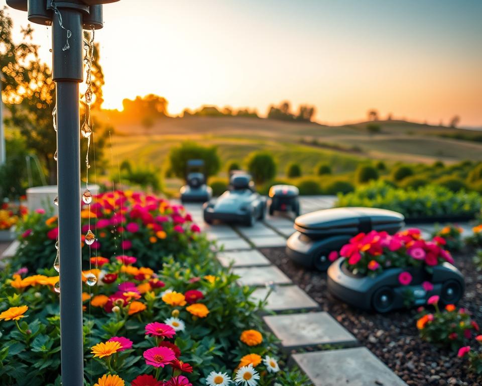 A serene garden scene showcasing automation in horticulture. In the foreground, there's a sleek, modern irrigation system with dripping water droplets cascading onto vibrant flower beds filled with colorful blooms. The middle ground features an array of smart gardening devices like a robotic lawn mower and automated planters, designed with a futuristic aesthetic. In the background, a gently rolling landscape dotted with green shrubs and trees under a soft, golden evening light creates a tranquil atmosphere. The sky is a warm hue, suggesting sunset, enhancing the calm mood. Shot with a wide-angle lens to capture the entire garden space, the scene emphasizes innovation and ease of maintenance in gardening, perfect for illustrating smart gardening systems.