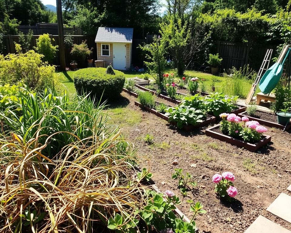 A serene garden scene showcasing common mistakes in low-maintenance gardening. In the foreground, an overgrown patch with tangled weeds and unpruned shrubs contrasts with neat, organized flower beds. In the middle ground, a sunny area features neglected plants wilting, alongside healthy, vibrant blooms that represent successful gardening practices. In the background, a cluttered garden shed and scattered gardening tools illustrate neglect. The lighting is bright and inviting, simulating midday sun, with soft shadows to emphasize the details. The angle is slightly elevated, capturing the overall layout of the garden, inviting viewers to explore the differences between good and poor gardening choices. The atmosphere is peaceful yet subtly conveys the need for proper care.