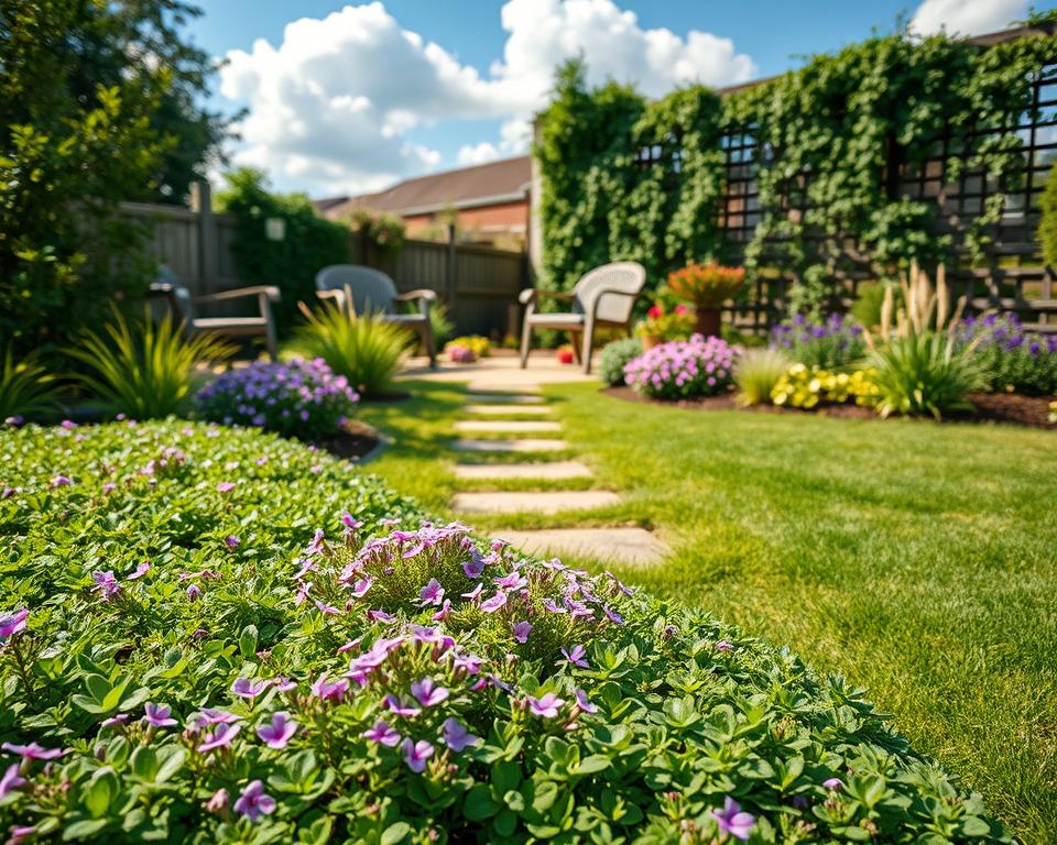 A serene garden scene showcasing various alternatives to traditional grass lawns. In the foreground, vibrant patches of clover and thyme create a lush carpet of greenery, interspersed with colorful flowering ground covers like creeping phlox and stonecrop. The middle ground features neatly arranged stepping stones leading to a cozy seating area surrounded by ornamental grasses and low-maintenance shrubs. The background includes a tranquil garden fence covered with climbing plants, under a bright blue sky with fluffy white clouds. Soft sunlight filters through, casting gentle shadows and providing a warm, inviting atmosphere. Use a shallow depth of field to emphasize the lush foliage in the foreground while the seating area remains slightly blurred, creating a peaceful and relaxing vibe.