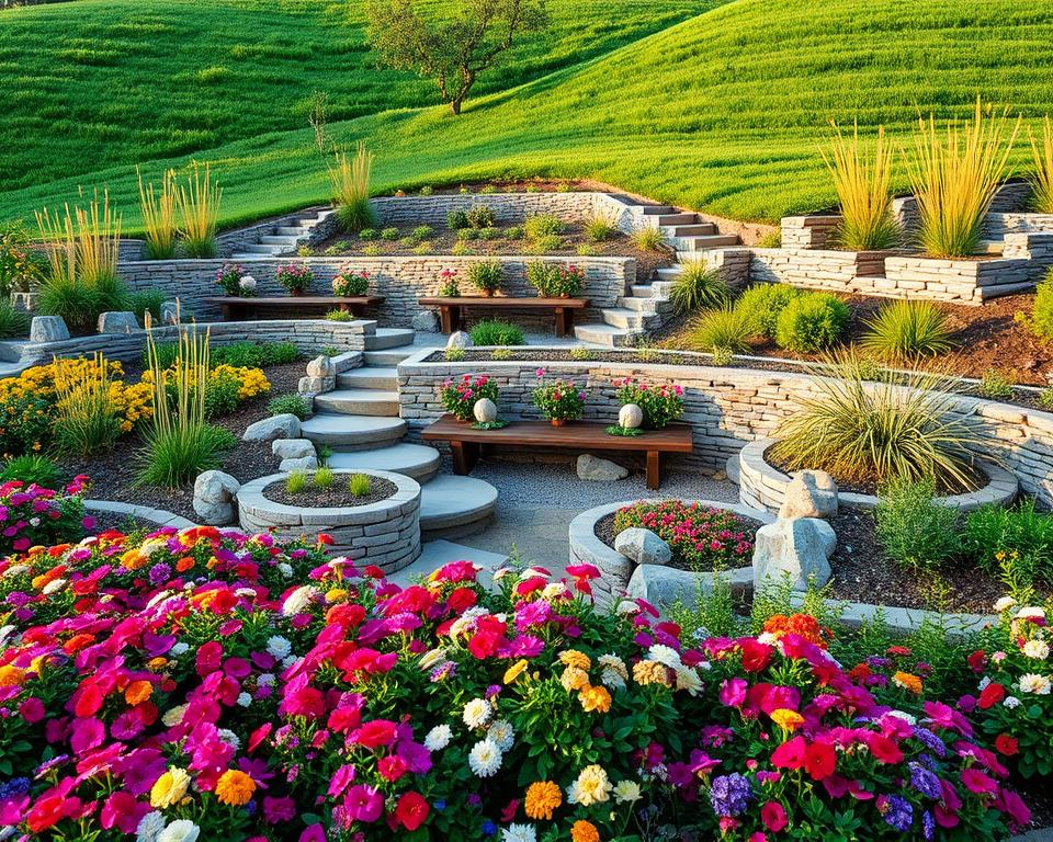 A serene hillside garden designed for optimal use of space and vertical landscaping. In the foreground, showcase vibrant flower beds overflowing with colorful blooms, intermixed with carefully placed decorative stones and wooden accents. The middle layer features a series of tiered planting areas created with natural materials, such as reclaimed wood and stone pathways winding through the garden. In the background, a gentle sloping hill is covered with lush greenery, dotted with tall ornamental grasses and small shrubs. The lighting should evoke a warm, late afternoon glow, casting soft shadows that enhance the textures of the plants and features. Capture the scene from a slightly elevated angle to provide depth and showcase the harmonious arrangement of elements, creating a tranquil and inviting atmosphere. A serene hillside garden designed for optimal use of space and vertical landscaping. In the foreground, showcase vibrant flower beds overflowing with colorful blooms, intermixed with carefully placed decorative stones and wooden accents. The middle layer features a series of tiered planting areas created with natural materials, such as reclaimed wood and stone pathways winding through the garden. In the background, a gentle sloping hill is covered with lush greenery, dotted with tall ornamental grasses and small shrubs. The lighting should evoke a warm, late afternoon glow, casting soft shadows that enhance the textures of the plants and features. Capture the scene from a slightly elevated angle to provide depth and showcase the harmonious arrangement of elements, creating a tranquil and inviting atmosphere.