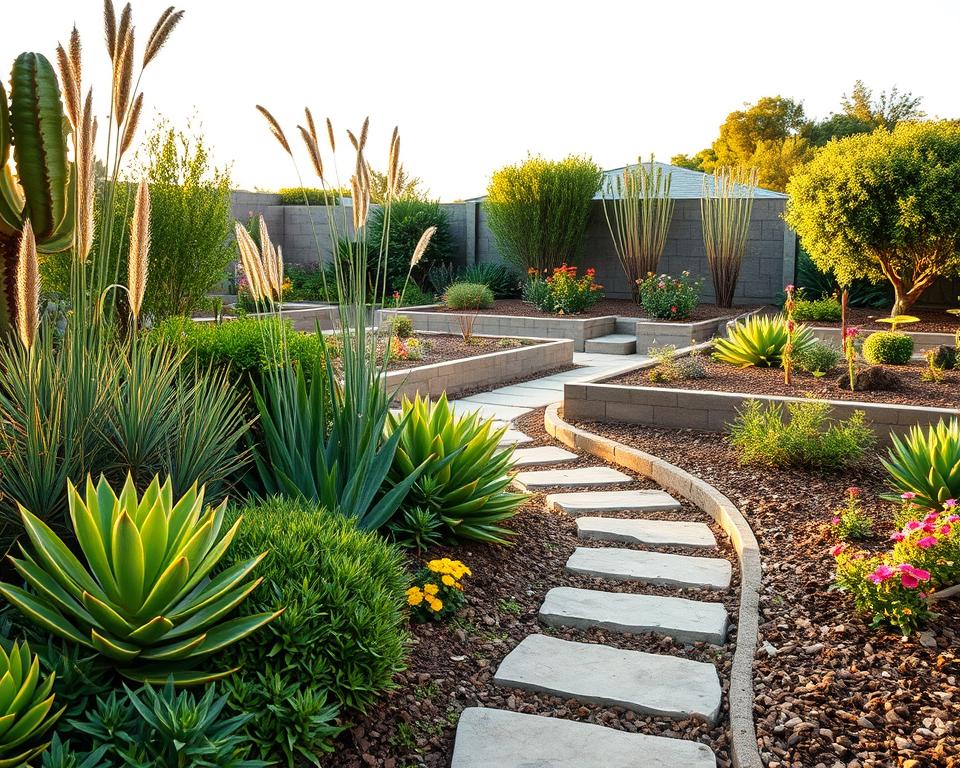 A serene, low-maintenance garden scene showcasing diverse, drought-resistant plants like succulents, ornamental grasses, and low-growing flowering perennials. In the foreground, a simple, stone pathway leads through the garden, inviting calmness. The middle ground features raised beds with organic mulch, carefully designed for efficient watering, perhaps with a smart irrigation system subtly visible. The background displays a clear sky with soft sunlight creating warm, golden tones that enhance the lush greenery. The atmosphere is tranquil and harmonious, perfect for relaxation. Photography style: vibrant and detailed, captured at eye level to immerse viewers in the garden's beauty.