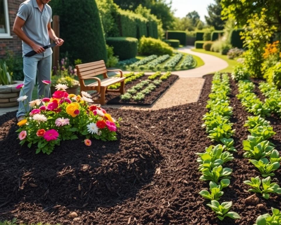 A serene mulched garden scene illustrating the concept of mulching as a gardening technique. In the foreground, a neatly mulched flower bed filled with vibrant perennials, their colorful blooms popping against the dark brown mulch. A gardener in modest casual clothing gently tends to the plants, using a trowel. The middle ground features rows of newly mulched vegetable patches with leafy greens thriving, while a simple wooden garden bench invites relaxation. In the background, a sunlit pathway lined with lush greenery curves away, surrounded by healthy shrubs and trees. The overall lighting is warm and inviting, suggesting a peaceful afternoon atmosphere, enhancing the feeling of a well-maintained, low-maintenance garden. The angle captures a slightly elevated view to showcase the layered landscape in natural harmony, emphasizing the benefits of mulching for weed control and water retention.