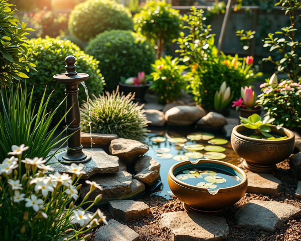 A serene small garden featuring a charming miniature fountain surrounded by lush greenery. In the foreground, delicate flowers bloom beside the fountain, reflecting soft sunlight. The middle ground showcases a small, tranquil pond with lily pads, emitting a sense of calm. Nearby, decorative bowls filled with water enhance the visual appeal, with gentle ripples reflecting the sky. The background fades into gentle garden shrubs and small trees, creating depth. Soft, natural light filters through the leaves, casting a warm atmosphere reminiscent of a peaceful afternoon. The scene is captured from a slightly elevated angle, allowing for a comprehensive view of this intimate garden oasis, evoking a sense of tranquility and harmony with nature.