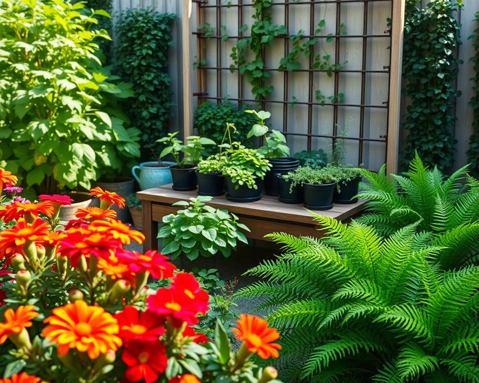A serene small garden scene filled with a variety of compact, low-maintenance plants. In the foreground, vibrant flowering plants like marigolds and petunias create a splash of color, surrounded by lush green ferns. The middle ground features neatly arranged herb pots, such as basil and rosemary, positioned on a rustic wooden table. In the background, a trellis covered with climbing vines, like clematis or ivy, adds depth to the scene. Soft, natural lighting illuminates the garden, casting gentle shadows that enhance the inviting mood. The camera angle captures the garden from a slightly elevated perspective, showcasing the arrangement and harmony of the plants. The atmosphere is tranquil and nurturing, capturing the essence of a well-designed compact garden space.