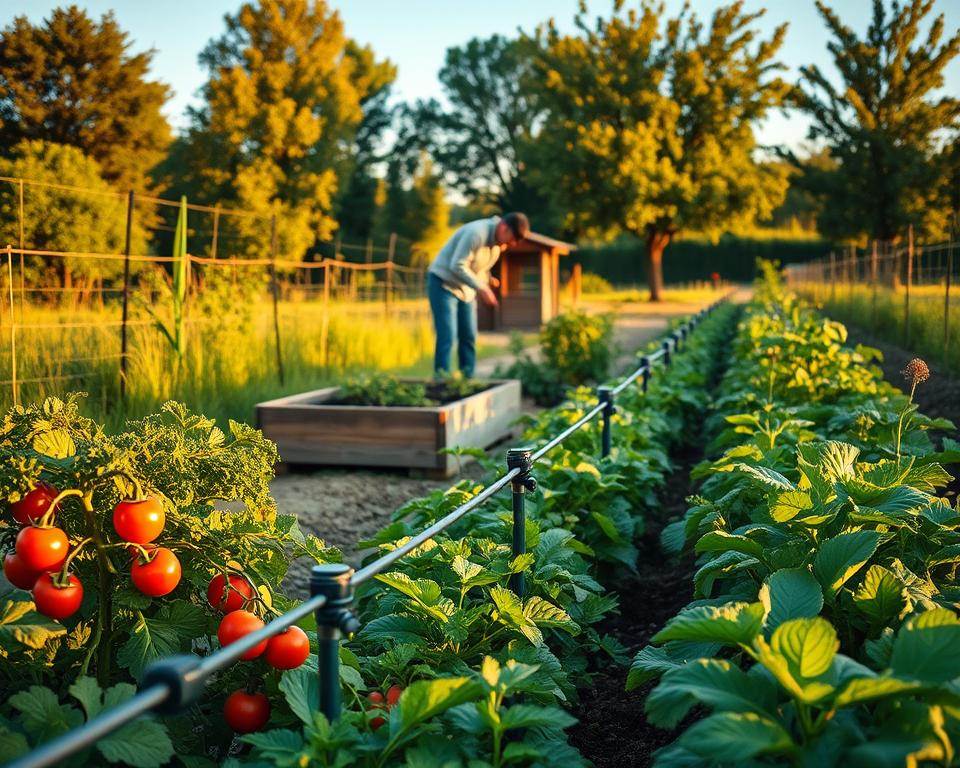 A serene vegetable garden in a vibrant green landscape during the golden hour, showcasing a well-organized irrigation system. In the foreground, a drip irrigation line runs along rows of diverse vegetables like tomatoes, carrots, and leafy greens, each flourishing and healthy. The middle ground features a quaint wooden raised bed, with a gardener, dressed in comfortable, modest attire, adjusting the watering system. In the background, sun-dappled trees provide shade, while a clear blue sky hints at a warm, sunny day. Soft, natural lighting enhances the organic feel of the garden, creating a peaceful and productive atmosphere. Emphasize the efficiency and sustainability of the watering method, with water glistening gently as it nourishes the plants.