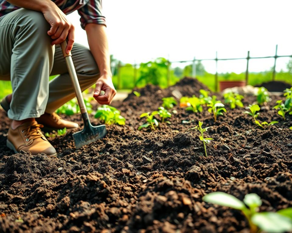 A serene vegetable garden scene focusing on soil improvement techniques. In the foreground, a gardener in modest casual clothing kneels next to a lush bed of rich, dark soil, turning it with a hand trowel. In the middle ground, various soil amendments like compost, mulch, and natural fertilizers are neatly arranged. You can see small seedlings like tomatoes and peppers ready for planting. The background features a bright sky with soft, diffused sunlight that casts gentle shadows, emphasizing the earthy tones and textures of the soil. The atmosphere is peaceful and focused, evoking a sense of nurturing growth and preparation for a bountiful harvest. Capture the image with a slight depth of field effect, allowing the foreground details to pop while softly blurring the background.