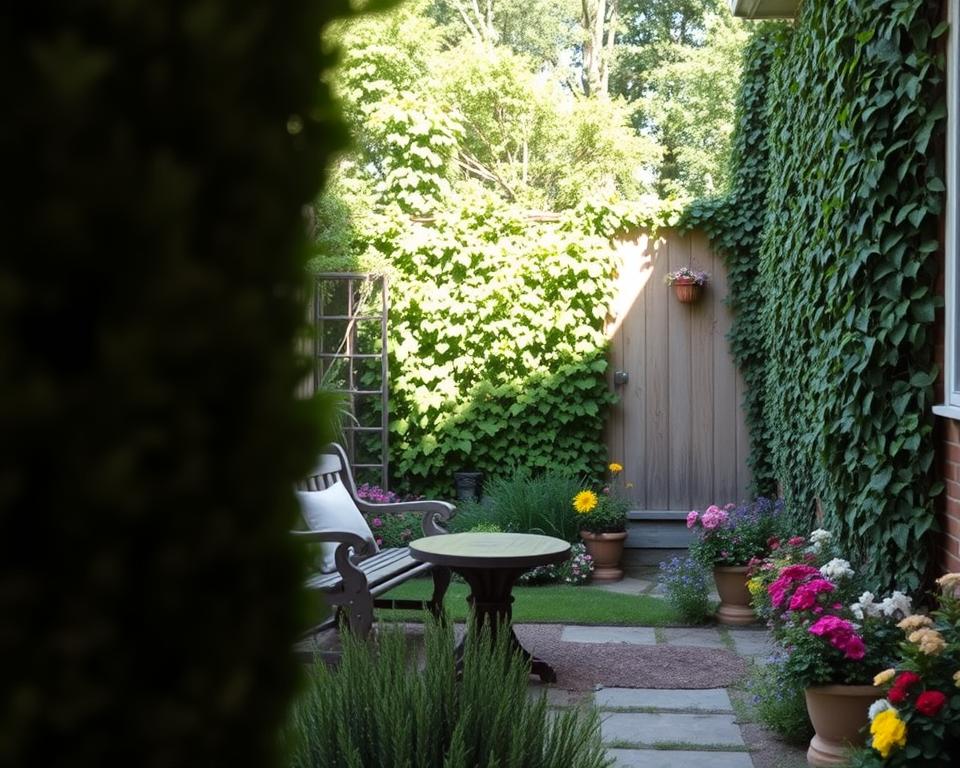 A small, serene garden with a focus on privacy features. In the foreground, lush green foliage includes tall, dense hedges and decorative trellises adorned with climbing plants. A cozy seating area with a rustic wooden bench and a small, round table is partially visible, inviting relaxation. The middle ground showcases a variety of colorful flowers, neatly arranged in pots and along garden paths. In the background, a charming wooden fence covered with ivy adds an extra layer of seclusion, while soft sunlight filters through, creating dappled shadows. The scene is captured from a slightly elevated angle, enhancing the garden's intimate feel. The atmosphere is peaceful and inviting, ideal for a private retreat. Ensure no people are present in the image.