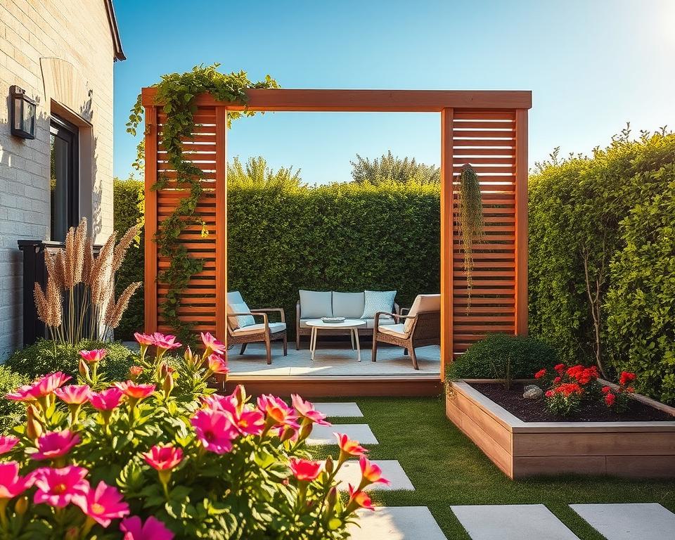 A stylish small garden featuring a modern privacy screen, made of natural wood and adorned with climbing plants. In the foreground, there are beautifully arranged flower beds with vibrant blooms, enhancing the cozy atmosphere. The middle ground showcases the elegant privacy screen, elegantly framing a serene seating area with comfortable, minimalist furniture. The background includes a lush green hedge and a clear blue sky, creating a tranquil environment. The scene is bathed in soft, golden sunlight, emphasizing the warmth and inviting nature of the garden space. Capture the overall mood of relaxation and stylish design, highlighting the harmony between privacy and openness in a compact garden setting.