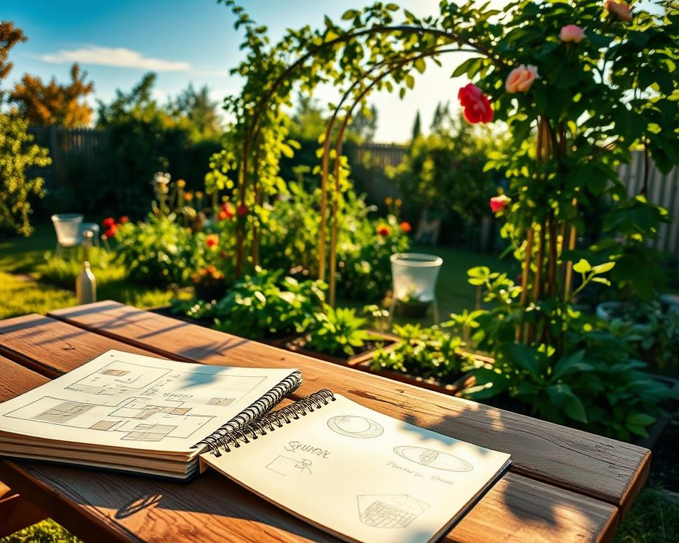 A tranquil garden scene depicting an analysis of sun and shade areas throughout the day. In the foreground, detailed sketches and a notebook are placed on a wooden picnic table, featuring hand-drawn plans of flower beds and vegetable patches. The middle ground showcases vibrant greenery with varying plants, illustrating areas of sunlight filtering through the leaves while shadows cast patterns on the ground. In the background, a gracefully arched trellis adorned with climbing roses stands beneath a bright blue sky, hinting at elements of shade. The lighting is warm and natural, indicating the golden hour, with soft sunlight enhancing the colors and creating an inviting atmosphere. The overall mood is peaceful, inviting contemplation and planning for a small, harmonious garden.