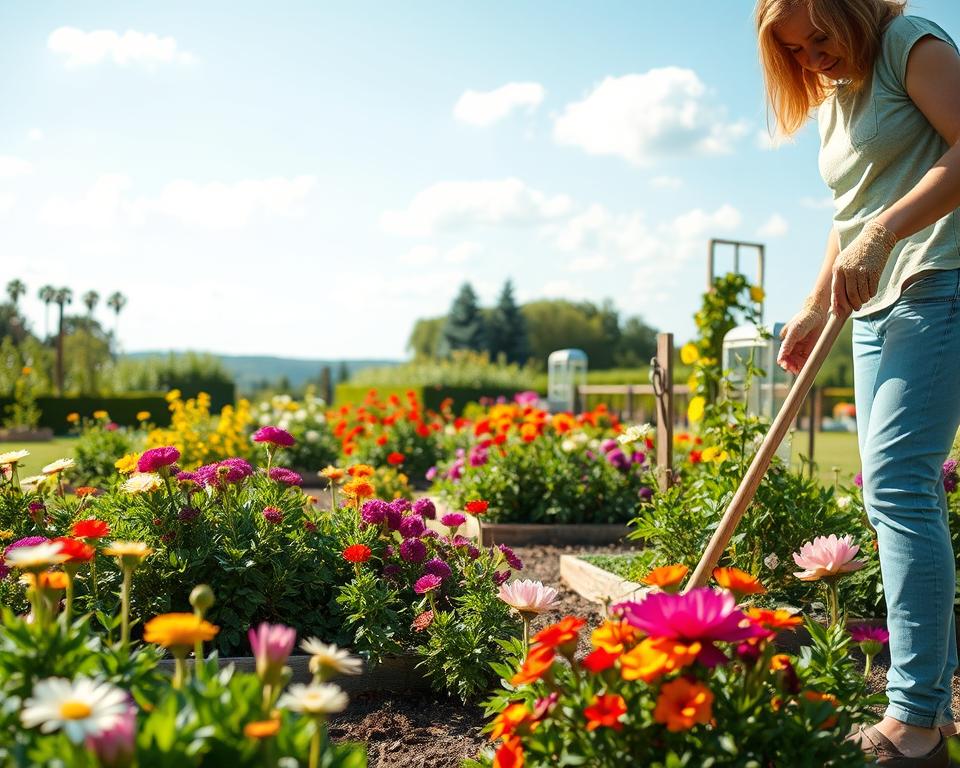 A tranquil garden scene depicting seasonal garden maintenance, featuring a diverse array of colorful flowers and lush greenery. In the foreground, a person dressed in modest casual clothing tends to the plants with gardening tools, showcasing an engaged, hands-on approach. The middle ground displays a variety of well-kept garden beds, including blooming perennials and neatly trimmed hedges. The background reveals a serene, sunlit landscape with a blue sky dotted with soft white clouds. The lighting is warm and inviting, capturing the freshness of a sunny day, while a shallow depth of field emphasizes the gardener’s efforts. The overall atmosphere evokes a sense of calm, dedication, and the satisfaction of nurturing a low-maintenance garden.