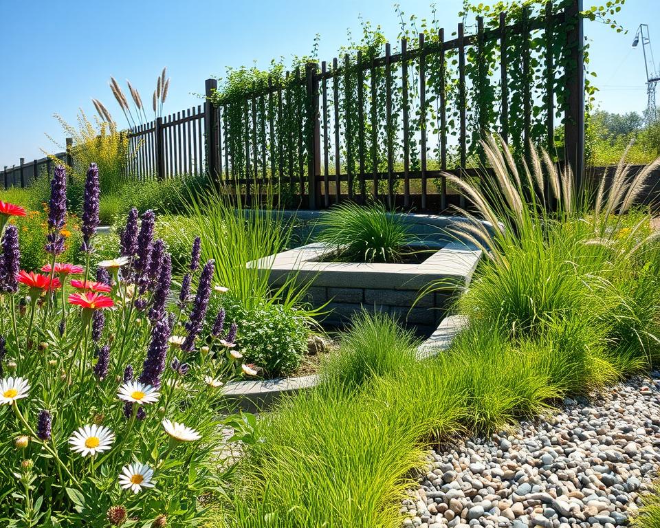A tranquil, low-maintenance small garden scene, showcasing a lush green landscape filled with vibrant flowers and a variety of hardy plants. In the foreground, colorful perennial flowers like lavender and daisies flank a winding, pebble-strewn path. In the middle, a small raised bed filled with leafy herbs sits beside native grasses, while a gentle water feature adds a soothing touch. The background features a low fence adorned with climbing plants against a clear blue sky, casting soft sunlight that creates a warm, inviting atmosphere. Capture the image with a slight overhead angle to enhance depth, using bright, natural lighting to accentuate the freshness and tranquility of this sustainable garden haven.