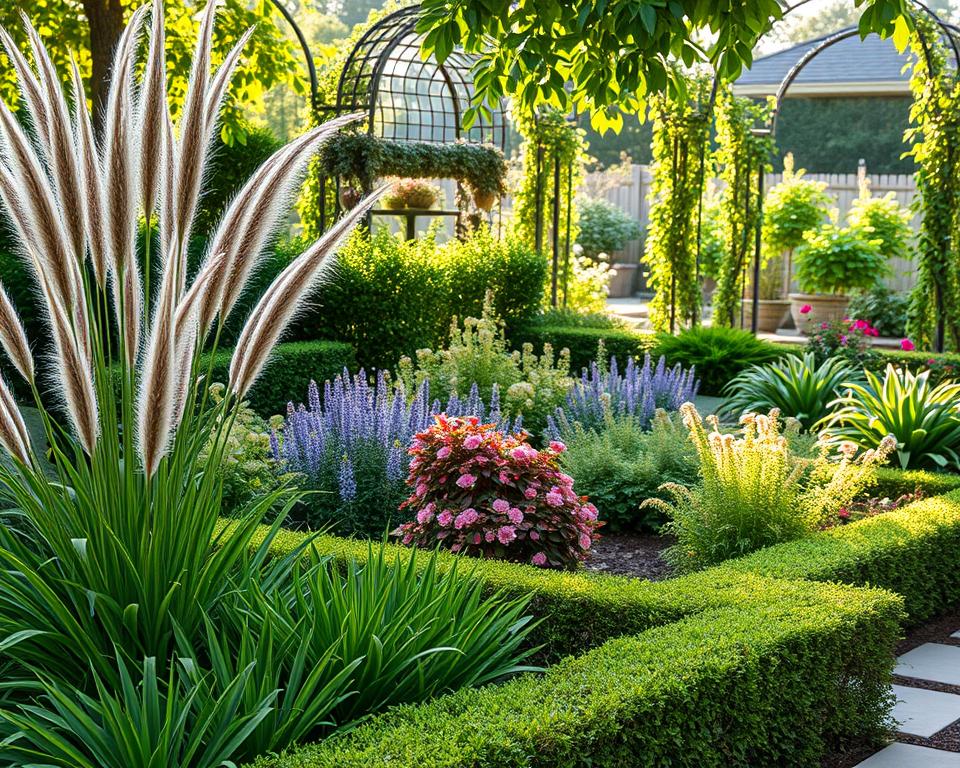 A tranquil scene showcasing a small garden designed with structural plants that embody elegance and balance. In the foreground, incorporate a variety of vibrant foliage, including tall ornamental grasses and neatly trimmed hedges, providing height and texture. The middle ground features a harmonious arrangement of flowering perennials and shrubs, displaying an array of colors, such as soft blues, warm pinks, and rich greens. In the background, gently arching lines of trellises with climbing plants add depth to the scene. The lighting is soft and warm, depicting late afternoon sun filtering through the leaves, creating dappled shadows on the ground. The atmosphere is peaceful and inviting, ideal for a serene gardening experience. Capture this image from a slightly elevated angle to showcase the garden's layout and structure beautifully.