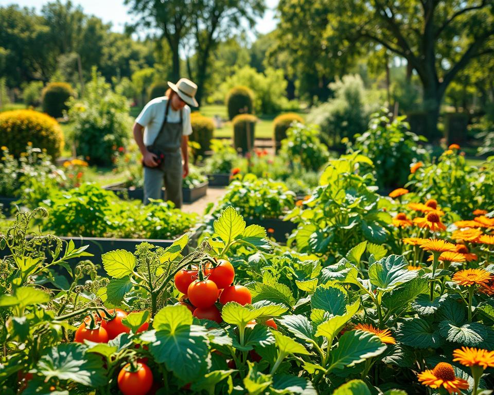 A vibrant and detailed garden scene showcasing sustainable pest and disease management in an eco-friendly vegetable patch. In the foreground, a diverse array of healthy vegetables, such as tomatoes, carrots, and leafy greens, flourishing under gentle sunlight. A gardener, dressed in modest casual clothing, is inspecting the plants with natural pest control tools like neem oil and beneficial insects visible nearby. In the middle ground, companion plants like marigolds and herbs are strategically placed around the vegetable beds, enhancing biodiversity. In the background, a lush landscape of trees and shrubs creates a serene atmosphere, with soft, dappled sunlight filtering through the leaves. The mood is peaceful and nurturing, emphasizing a strong connection to nature and sustainable practices. The composition captures a harmonious balance between cultivation and pest management.